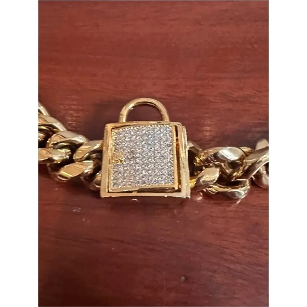 Gold Chain Dog Collar Padlock Clasp Bling Titanium Steel 24